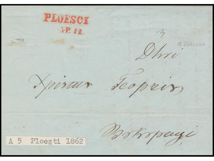 "PLOESCI AP. 11", double line in red, very clear on entire letter 1862 to Bukarest with red arrival mark (without "Walachei")