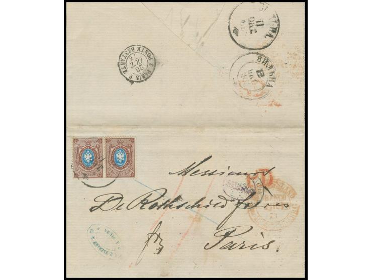 1865, 10 k. as horizontal pair tied by cds. of Wilna to folded letter via Eydtkuhnen to Paris with several transit marks, rig