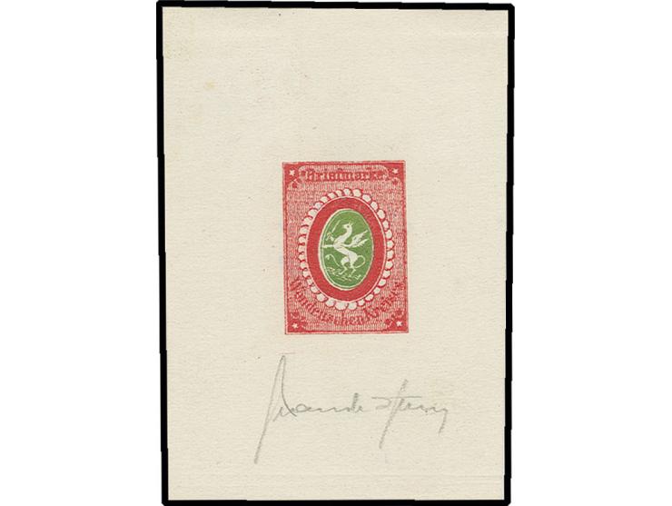 1864, 2 k. carmine/green., Sperati forgery as proof in block format with signature in the margin, fine