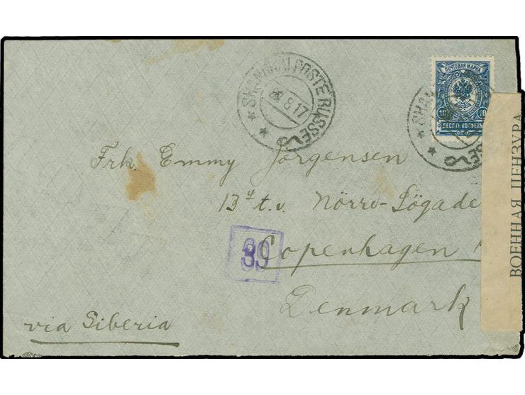 1910/18, August, Ordinary letter from SHANGHAI POSTE RUSSE 22 8 17 to KOBENHAVN  26 9 17, Russian censor tape and cachet, fra
