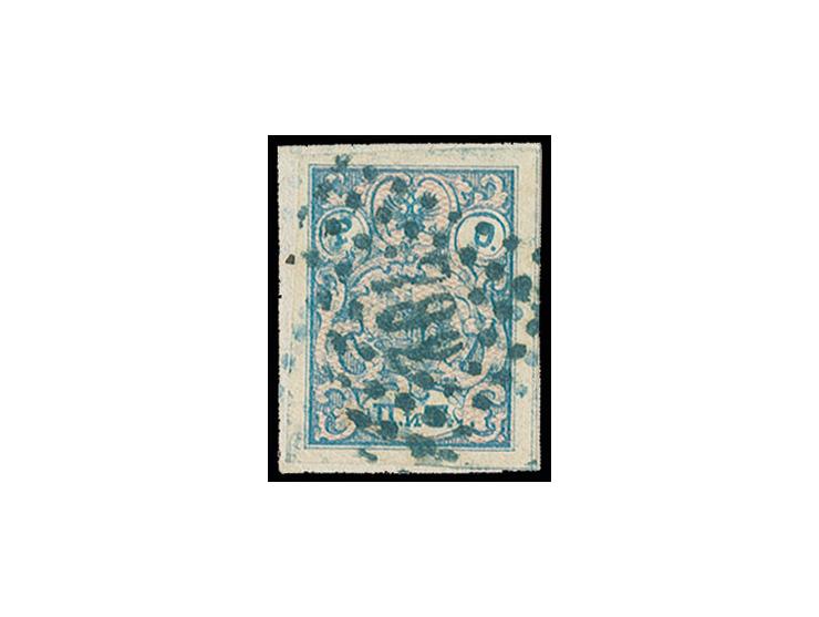 1866, with vertical lines: 2 pia. blue/rose with large margins, tied by full strike of blue no. "782" of Alexandrette to smal