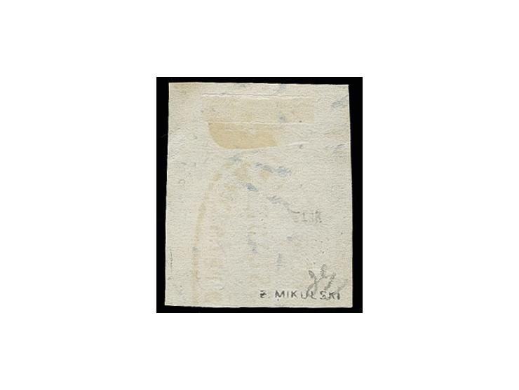 Without  vertical lines: 10 pa. rose/blue from the upper right sheet corner with large margins all around, neatly cancelled b
