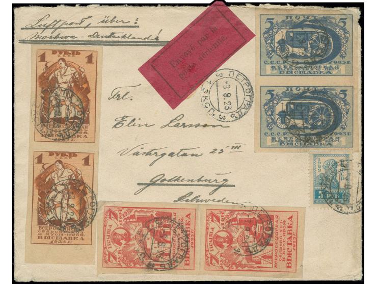 1923, Exhibition 1-7 r. in pairs with additional franking, cancelled "PETROGRAD 3.9.23" via Germany to Sweden with scarce air
