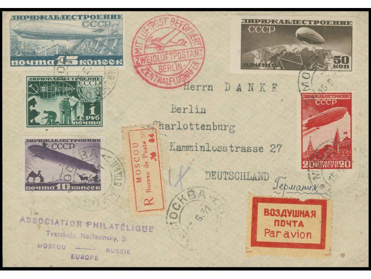 1931, Zeppelin construction 10 k.-1 r. imperforated, cpl. set used on registered airmail letter to Germany, franked on revers