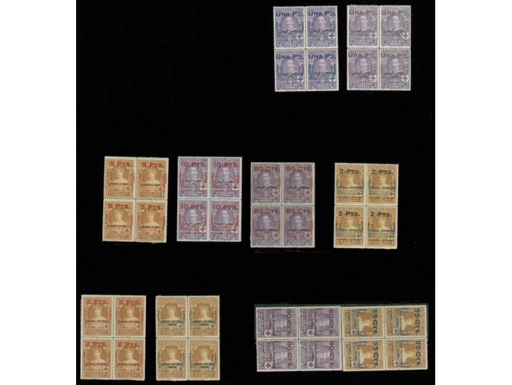 1927, 25th Coronation Anniversary 55c.-10 pta., each as block of four, unmounted mint, signed Roig, fine, ex collection Sever