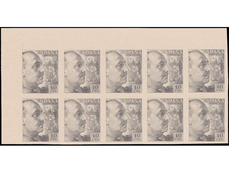 1939, Franco 10 c., imperforated colour proof in grey, horizontal block of 10 from the upper left sheet corner, ungummed, fin