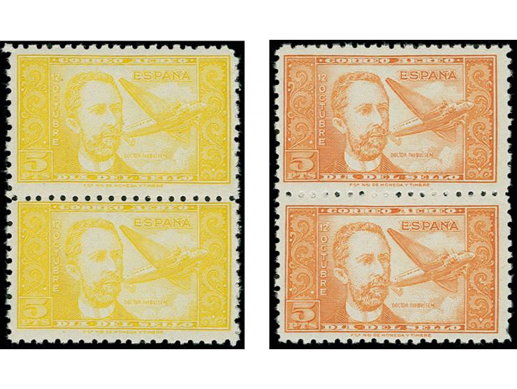 1944, Dr. Thebussem 5 pta. in unissued colours yellow and orange, perforated, in vertical pairs, unhinged mint (Edifil 983cc)