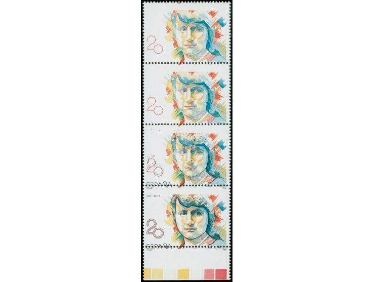 1989, Maria de Maeztu 20 pta., vertical strip of 4 with shifted print, the top 2 stamps with black inscriptions completely mi