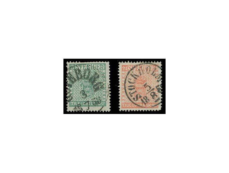 3 sk. green and 24 sk. vermillion, used with clear cds., Sperati forgeries, signed in pencil