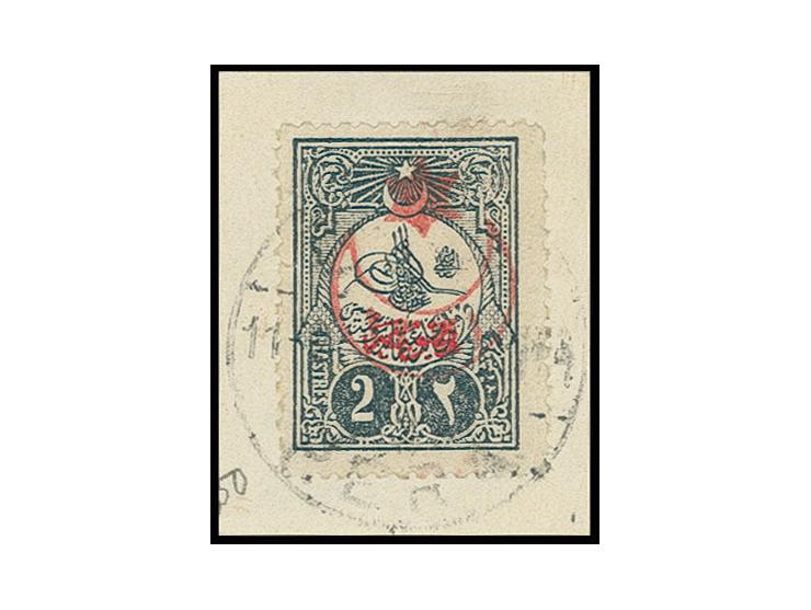 1915, overprint crescent and star on 1908, newspaper stamp 2 pia. blue/black, tied by Pera cds. to piece, fine, a scarce stam