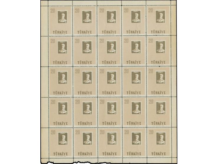 1957, Osman Hamdi Bey 20 k. with variety "black colour missing", sheet with 25 stamps, 14 items unhinged mint, 11 unused or w
