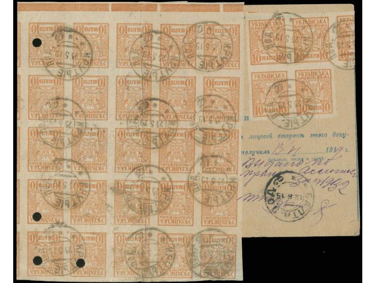 10 sch. as block of 45 and block of 5 tied by cds. "KRYTYE 23 5 19" (Podolia) to money order to Balta, usual faults (punch ho