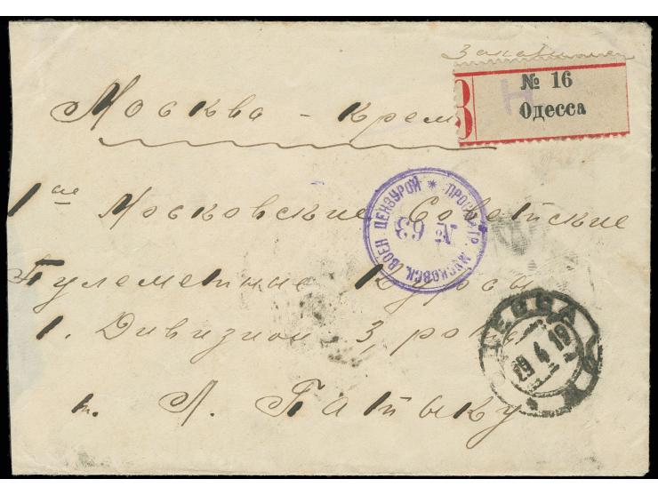 30 sh. and 35 k. tied by cds. "ODESSA 29.4.19" to reverse of registered cover to Moscow, Moscow censor hs. in violet on front