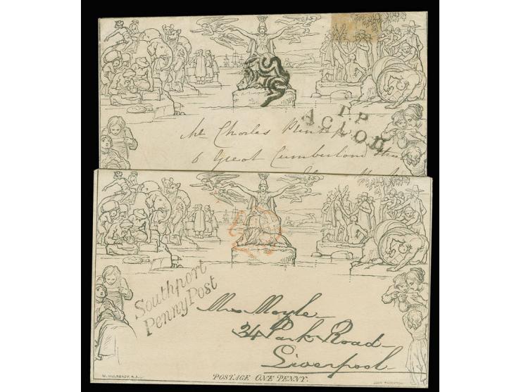 1840, Mulready letter sheet 1d black, stereo lost with seal, cancelled red MC, neat "Southport Penny Post" handstamp alongsid