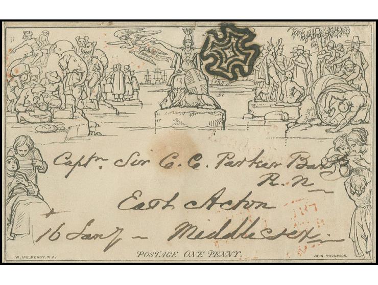 Mulready letter sheet 1d. black, stereo A27, cancelled by experimental black Maltese cross of the London Two Penny Post, fain