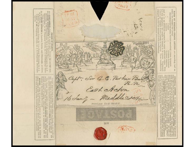 Mulready letter sheet 1d. black, stereo A27, cancelled by experimental black Maltese cross of the London Two Penny Post, fain