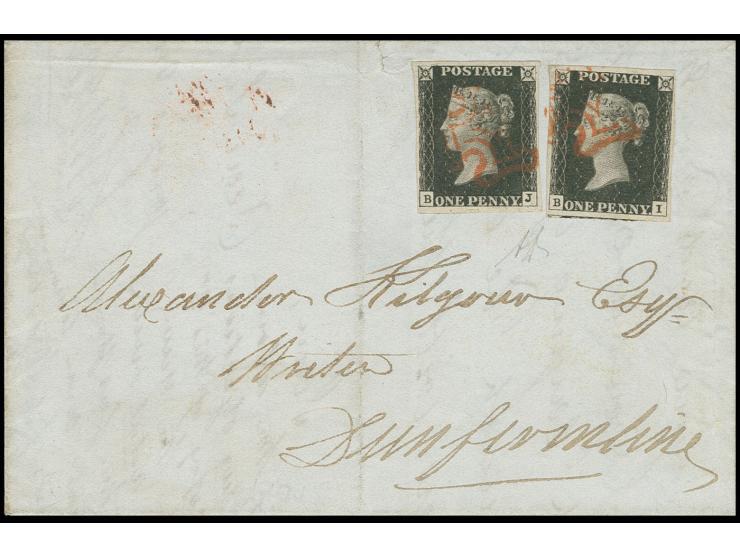 1 d. intense black, plate 6, 2 single copies BI/BJ, both with clear to large margins and cancelled by orange-red MC on letter