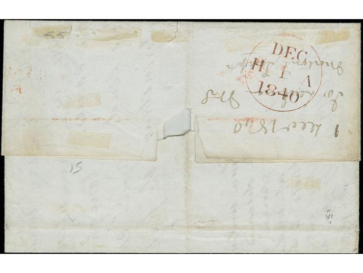 1 d. intense black, plate 6, 2 single copies BI/BJ, both with clear to large margins and cancelled by orange-red MC on letter