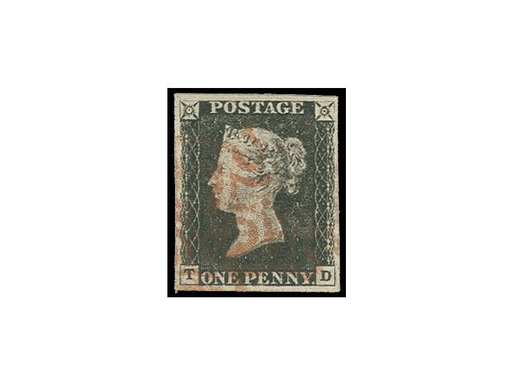 1 d. black, plate 4, TD, good to wide margins all around, used with red MC, fine