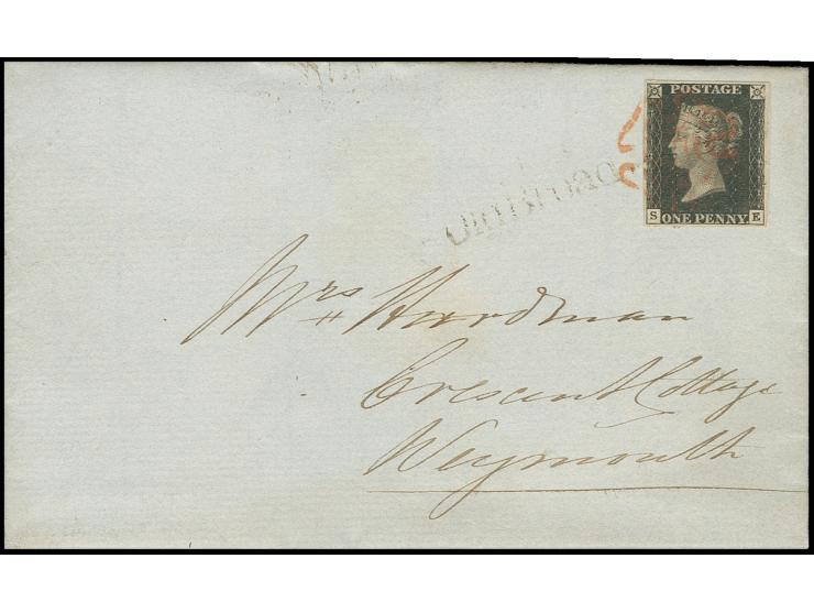 1 d. black, plate 7, SE, good to large margins, tied by light red MC to entire letter with adjacent light straight line "T.P.