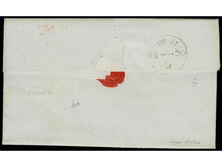 1 d. black, plate 7, SE, good to large margins, tied by light red MC to entire letter with adjacent light straight line "T.P.