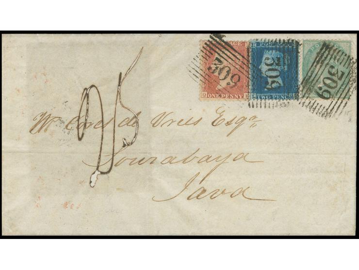 1854/58, 1 d. rose-red and 2. d. blue with 1855/57, 1 sh. green, each with clear barred square numeral "309" to letter sheet 