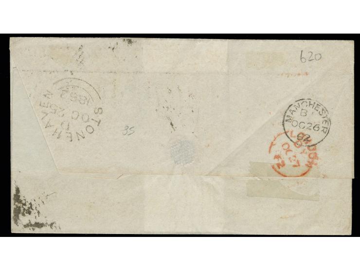 1854/58, 1 d. rose-red and 2. d. blue with 1855/57, 1 sh. green, each with clear barred square numeral "309" to letter sheet 