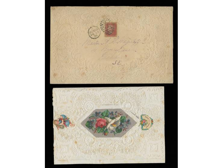 1858/79, 1 d. rose-red, plate 160, tied by duplex "CROYDON FE 13 73" to large size embossed Valentine's cover (opened at two 