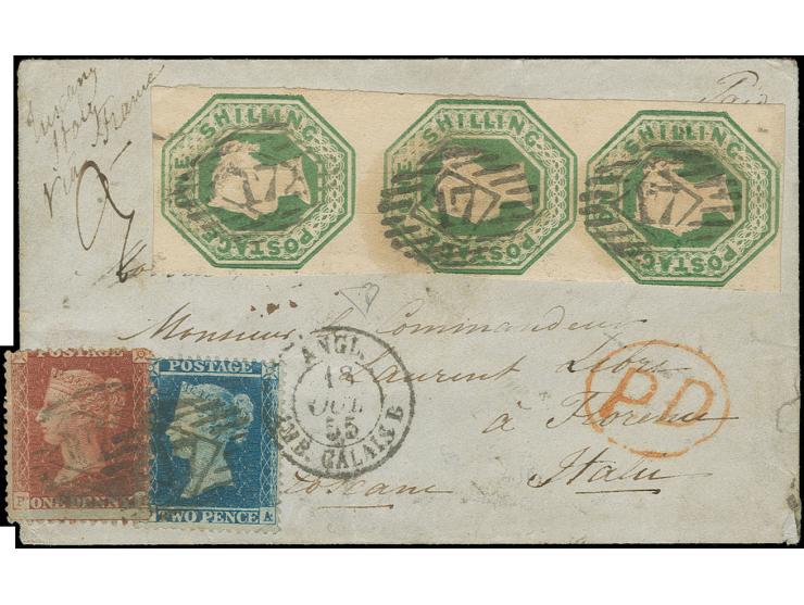 1847/57, embossed issue 1 sh. deep-green, die 2, vertical strip of 3 with clear to good margins together with 1 d. red-brown 