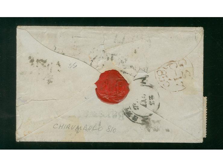 1847/57, embossed issue 1 sh. deep-green, die 2, vertical strip of 3 with clear to good margins together with 1 d. red-brown 