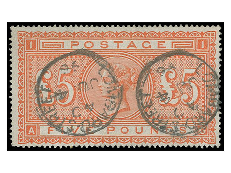1882, 5 £ orange, good colour, two slightly blunted perfs, otherwise good perforations, used with "LOMBARD STREET JU 96", fin