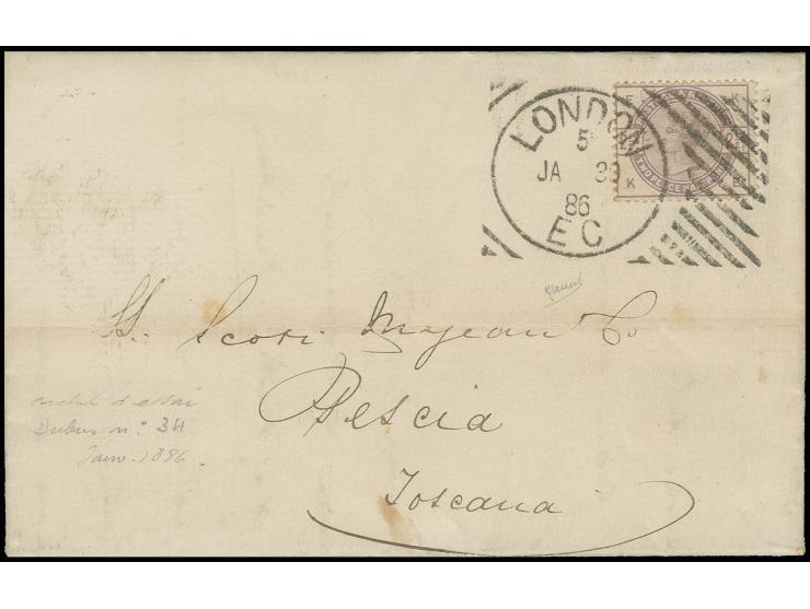 1883/84, 2½ d. lilac, tied by superb strike of trial Hoster machine cancel "LONDON EC 5 JA 30 86" to entire letter to Italy, 