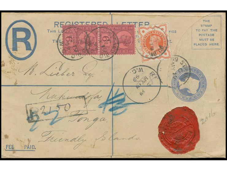 1887/92, ½ d. orange and vertical pair 6 d. purple, tied by cds. "STRAND W.O. MY 19 99" to register envelope 2 d. blue with a