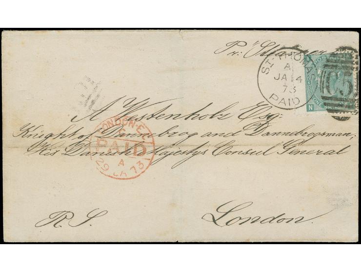 USED ABROAD: DANISH WEST INDIES: 1 sh. green, plate 6, tied by duplex "C51 / ST. THOMAS PAID JA 14 73" to letter sheet adress