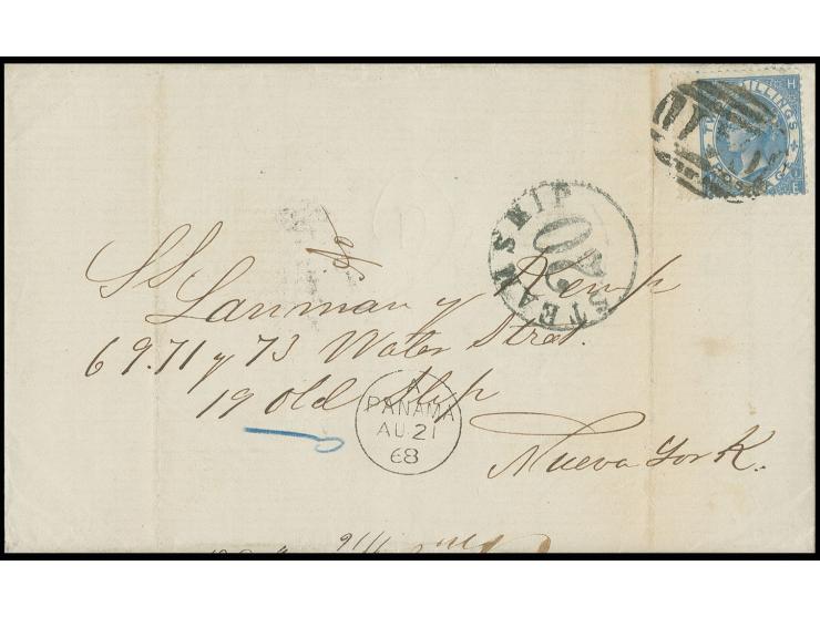 ECUADOR: 2 sh. blue, tied by "C41" to entire letter from "GUAYAQUIL AU 2 1868" with adjacent Panama transit mark and "STEAMSH