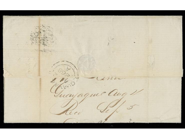 ECUADOR: 2 sh. blue, tied by "C41" to entire letter from "GUAYAQUIL AU 2 1868" with adjacent Panama transit mark and "STEAMSH