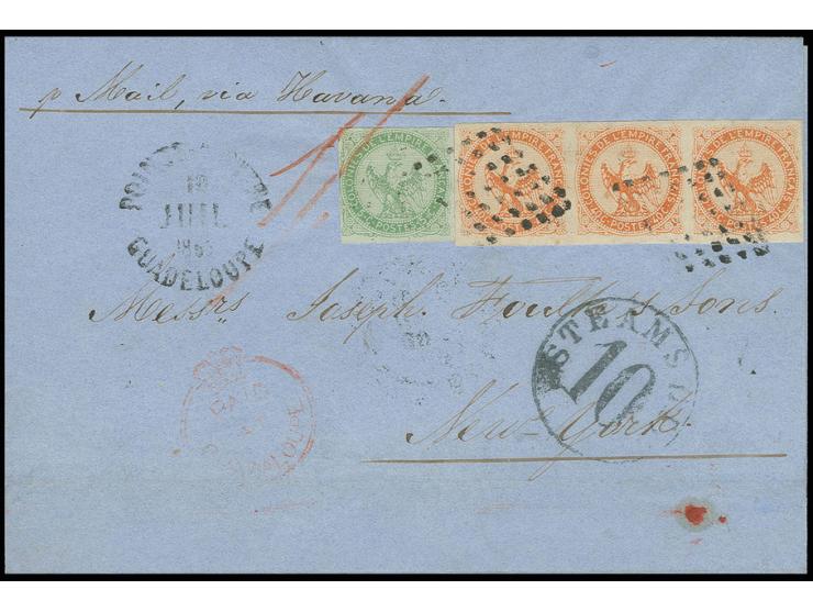 GUADELOUPE: "PAID AT GUADALOUPE", red crowned-circle handstamp on front of folded letter sheet franked with France Colonies g