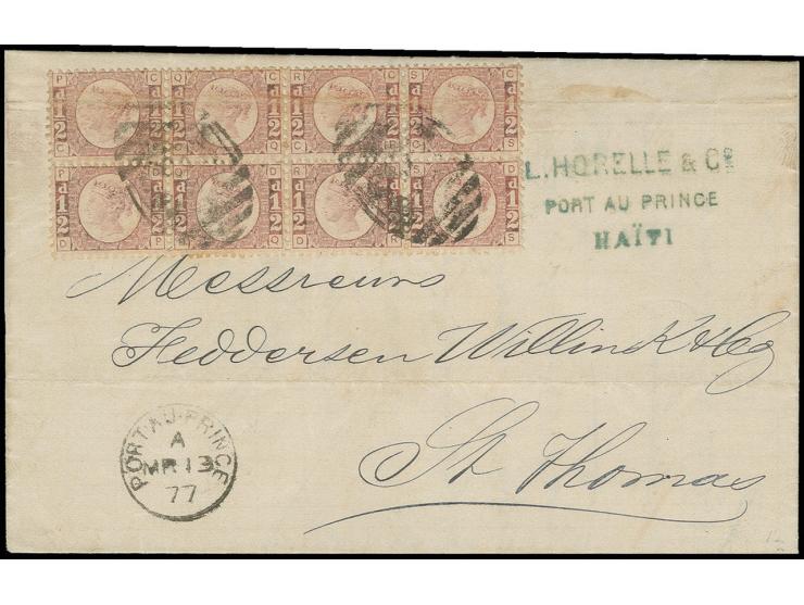 ½ d. rose-red, plate 12, horizontal block of 8 with "E53" on entire letter with adjacent "PORT AU PRINCE MR 13 77" to St. Tho
