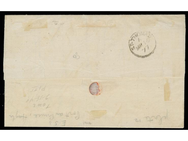 ½ d. rose-red, plate 12, horizontal block of 8 with "E53" on entire letter with adjacent "PORT AU PRINCE MR 13 77" to St. Tho