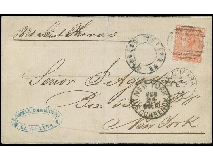 VENEZUELA: 4 d. vermilion, plate 13, tied by barred oval "C60" to letter sheet with adjacent clear "LA-GUAYRA FE 9 75", doubl