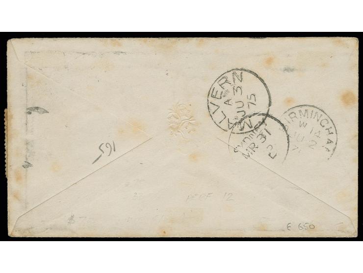 1868/74, 2 d. blue, pair and single stamp, tied by dotted "Q.L." to small envelope to Birmingham and redirected with GB 1 d. 
