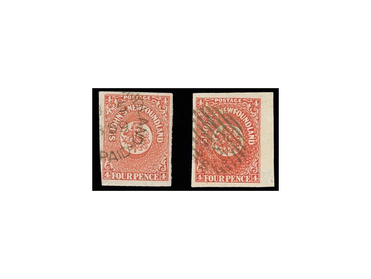 1861, 4 p. rose, two singles, used with barred oval and cds., Sperati fogeries, fine, signed in pencil