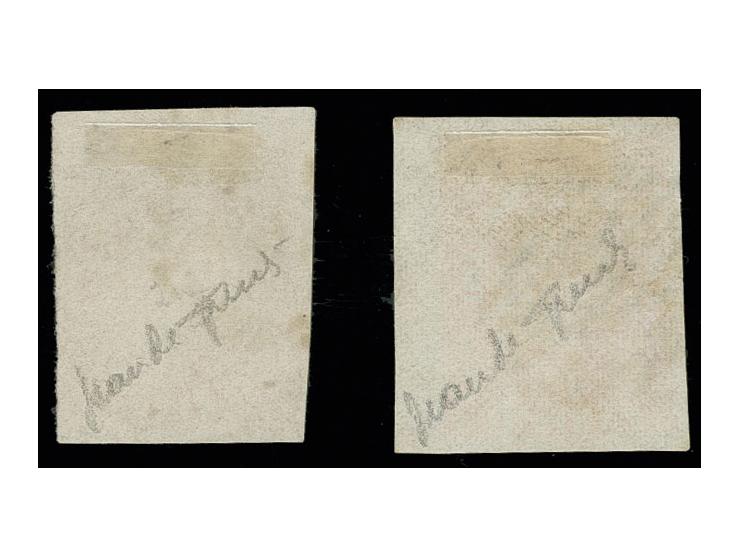 1861, 4 p. rose, two singles, used with barred oval and cds., Sperati fogeries, fine, signed in pencil