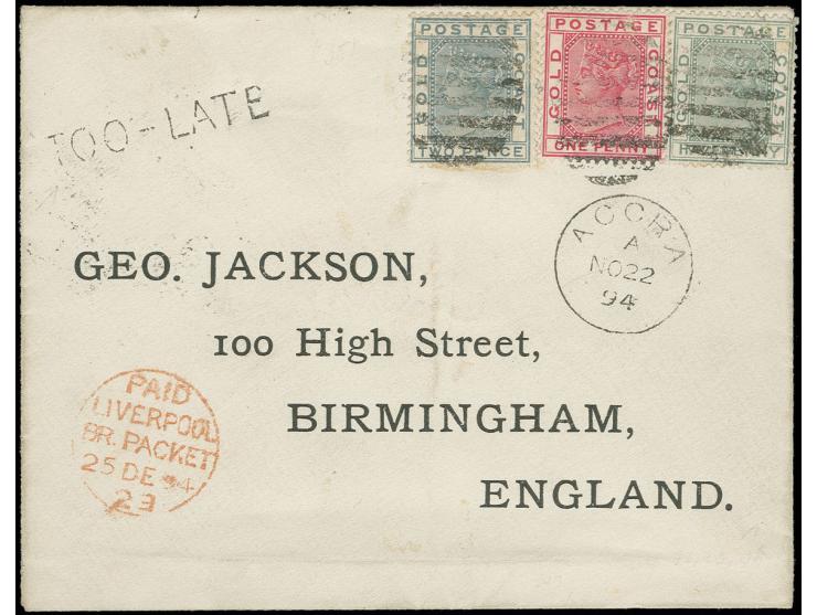 1884/91, ½ d. green, 1 d. rose-carmine and 2. grey, tied by oval of bars to small envelope to adjacent "ACCRA NO 22 94" and s