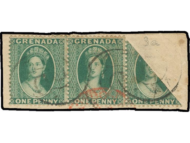 1875, Victoria 1 d. green, diagonal bisect, lower left half in horizontal strip with 2 complete stamps, tied by double circle