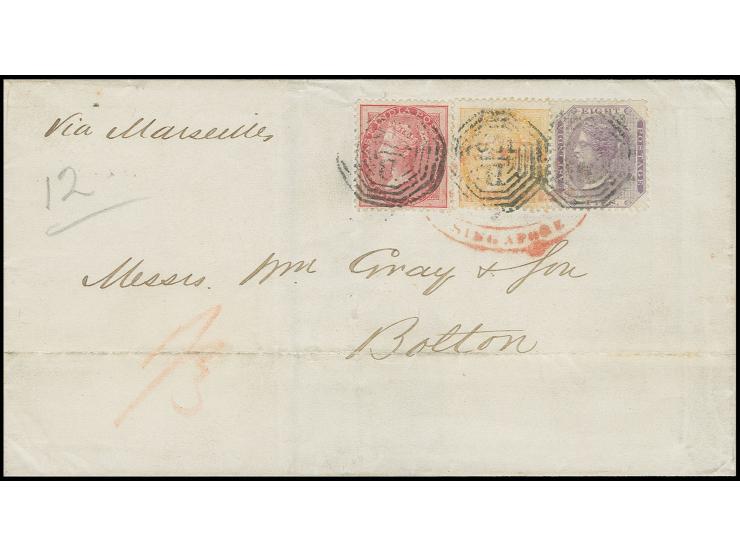 1865, "B/109", octagonal marking, 3 strikes on India 1856/64, 2 a. yellow, 8 a. carmine and 1860, 8 p. mauve, all tied additi