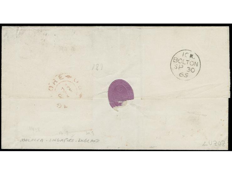 1865, "B/109", octagonal marking, 3 strikes on India 1856/64, 2 a. yellow, 8 a. carmine and 1860, 8 p. mauve, all tied additi