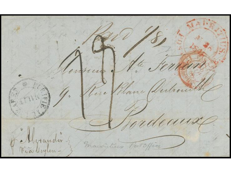 1845, letter sheet with part of contents with red double circle "MAURITIUS POST OFFICE AU 28 1845" via Galle (Ceylon), Aden, 