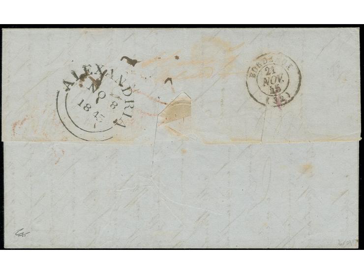 1845, letter sheet with part of contents with red double circle "MAURITIUS POST OFFICE AU 28 1845" via Galle (Ceylon), Aden, 