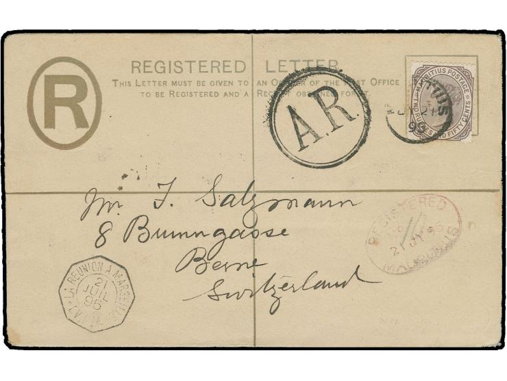 2,50 r. brown-purple used on registered envelope 8 c. from "MAURITIUS JY 21 95" to Switzerland, showing clear strike of rare 